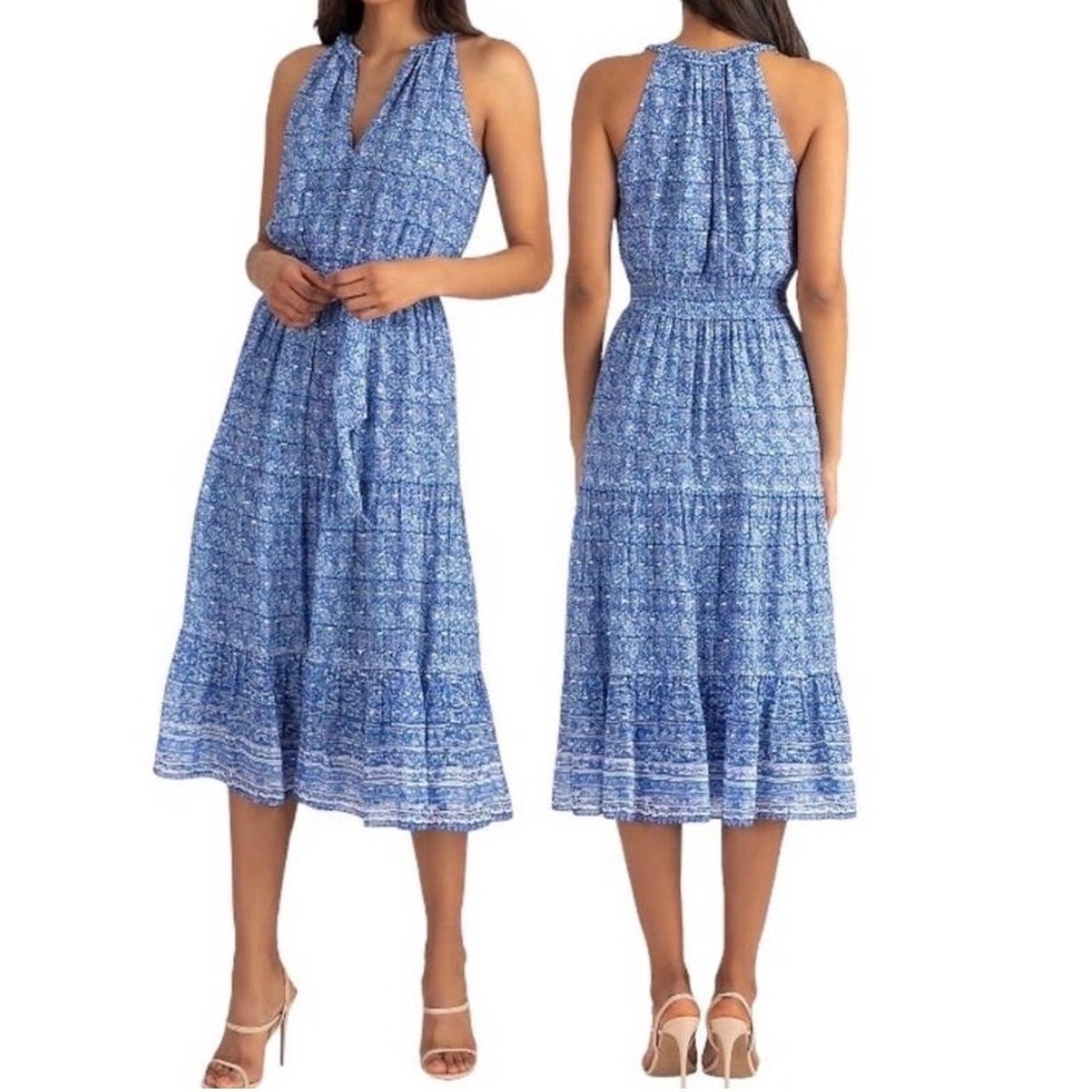 Shoshanna Laila Midi Dress Blue Floral Metallic Smocked Waist Sleeveless 10